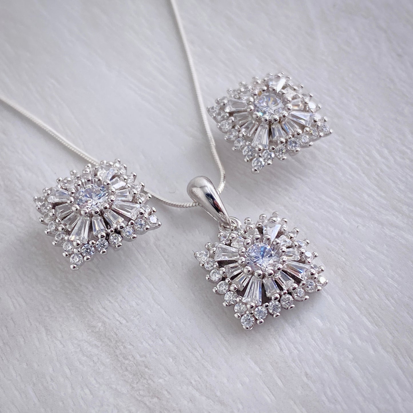 Square Baguette Halo Studs and Pendant Set