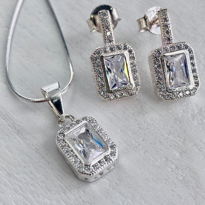 Baguette Halo Bar Stud & Pendant Set