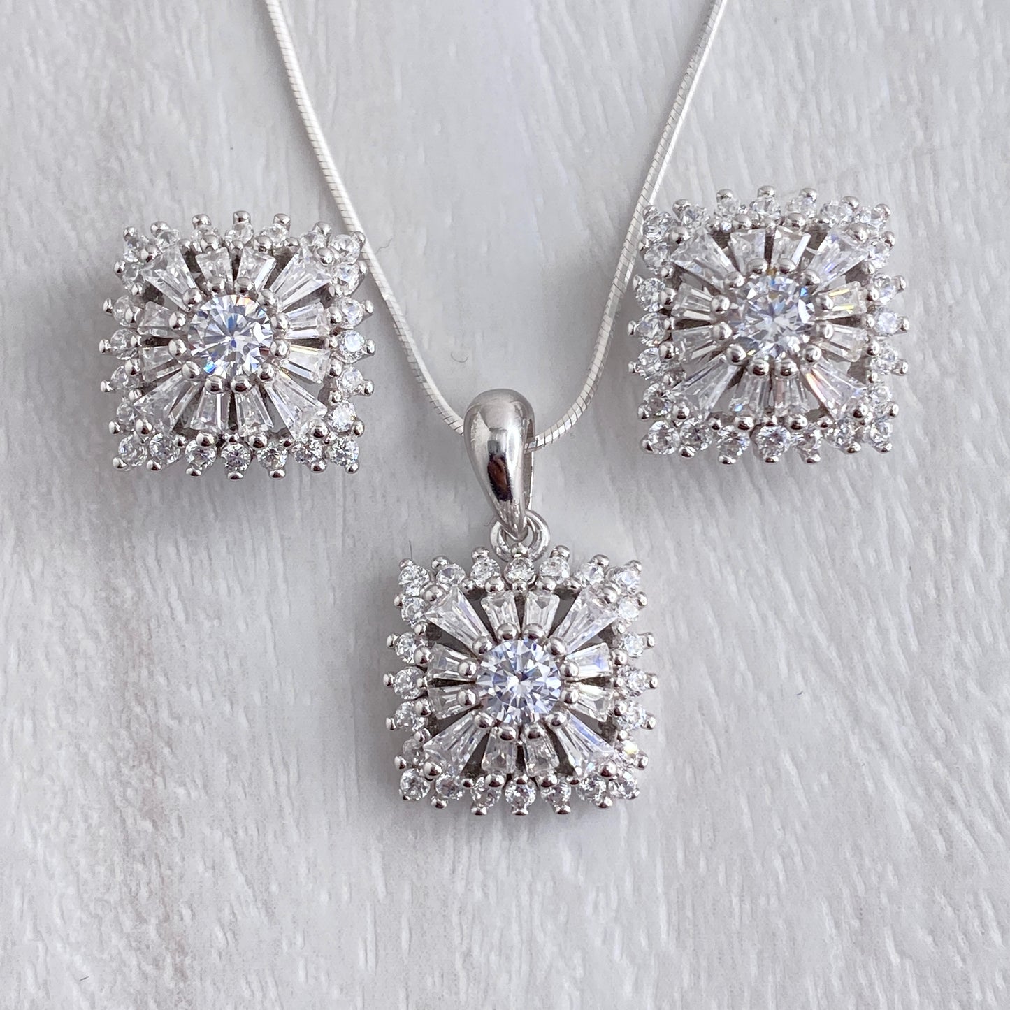 Square Baguette Halo Studs and Pendant Set