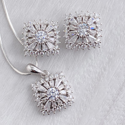 Square Baguette Halo Studs and Pendant Set