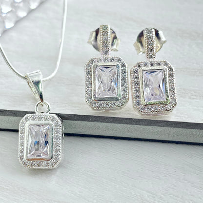 Baguette Halo Bar Stud & Pendant Set